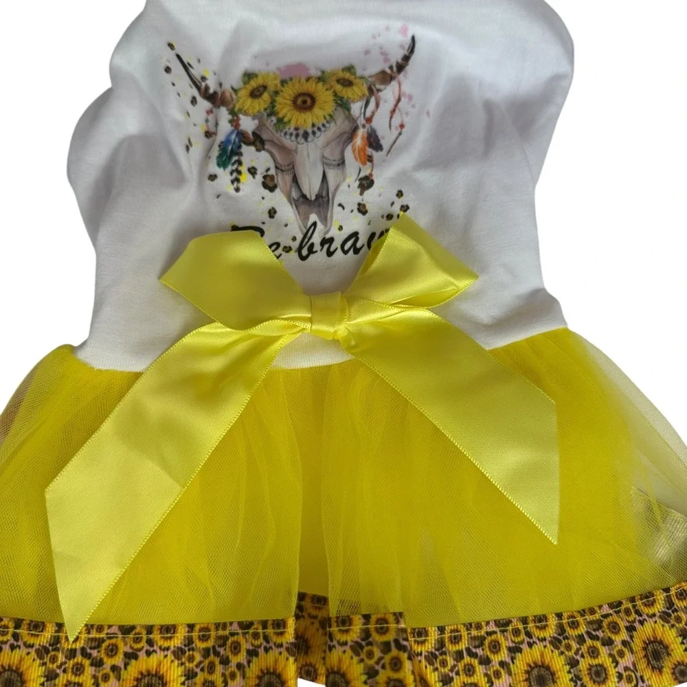 Yikeyo‎ Dog Dress Small Yellow Sunflower Boho Cow Skull Tutu Pet Apparel New